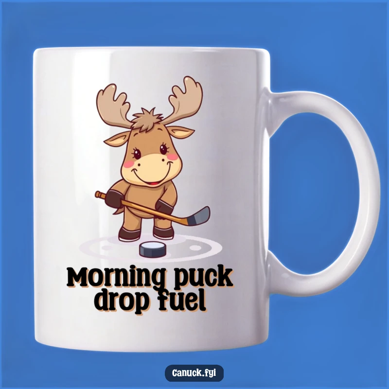 Funny Hockey Moose Mug: Smiling Moose Puck Tap Gift