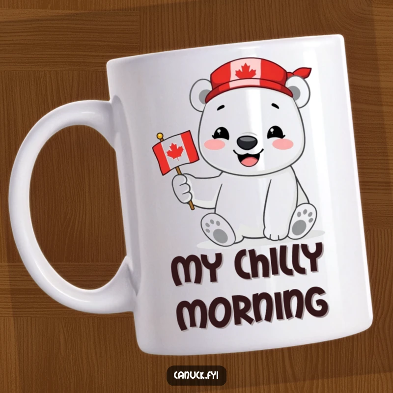 Funny Polar Bear Mug showing a smiling polar bear proudly holding a miniature Canadian flag, radiating warmth and patriotic cheer from the Arctic.