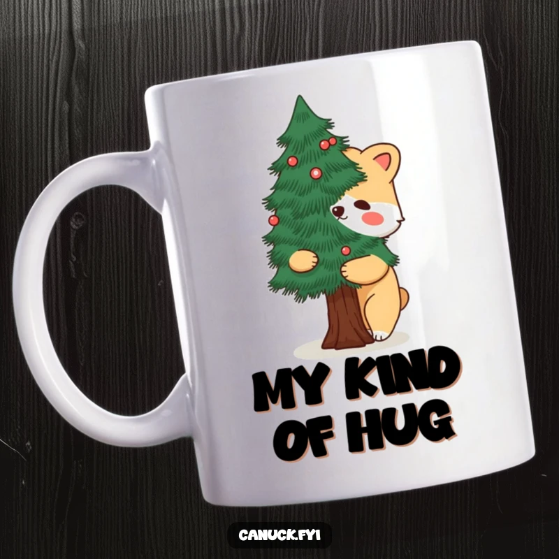Funny mug showing a cartoon animal embracing a stylized pine tree, celebrating nature and outdoor affection humorously.