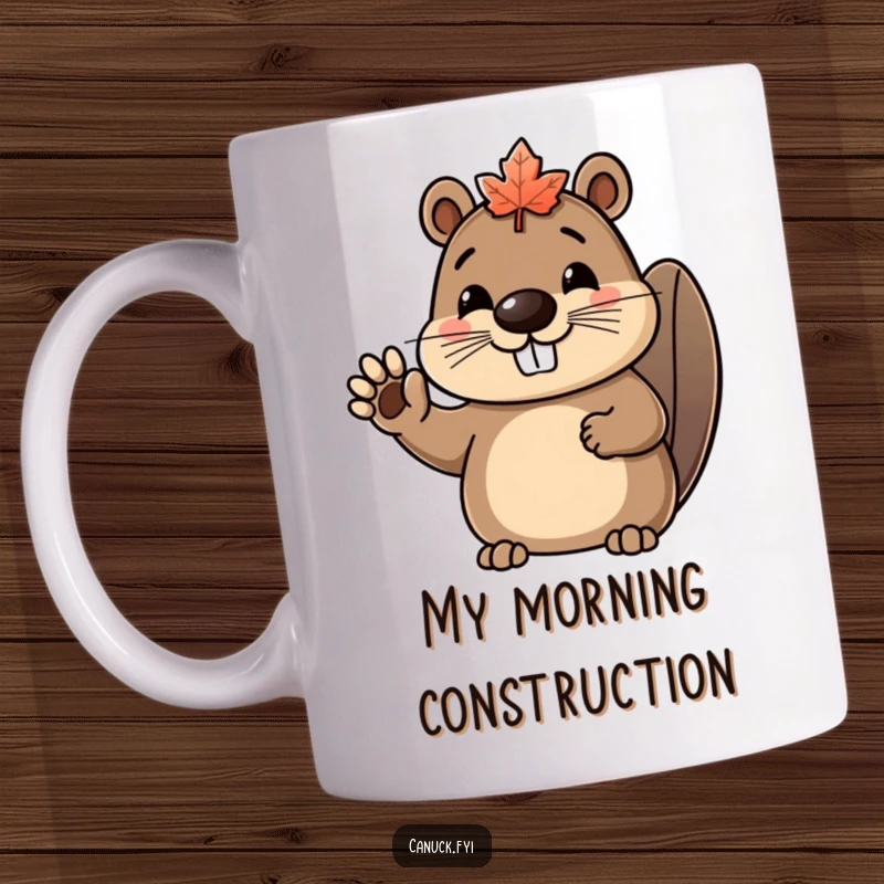 Funny beaver character mug, a happy beaver wearing a small maple leaf hat, enthusiastically waving hello.