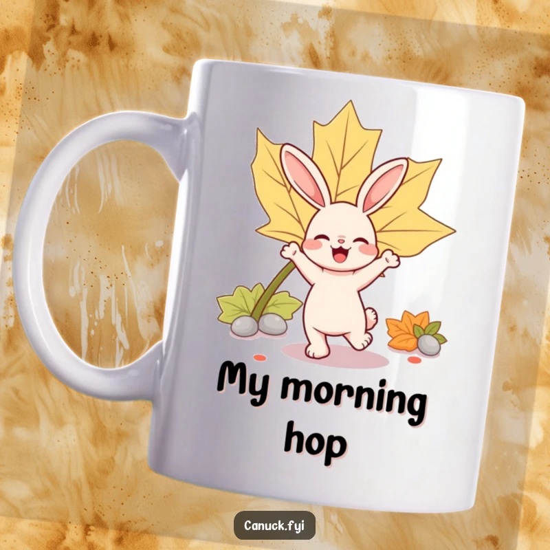 Funny rabbit character mug, a bouncy rabbit joyfully dancing near a large maple leaf.