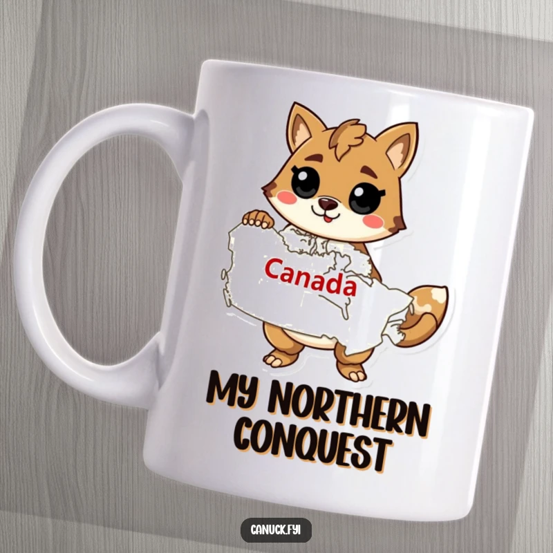 Funny mug featuring a stylized animal striking a confident pose, holding a map of Canada, celebrating Canadian pride.