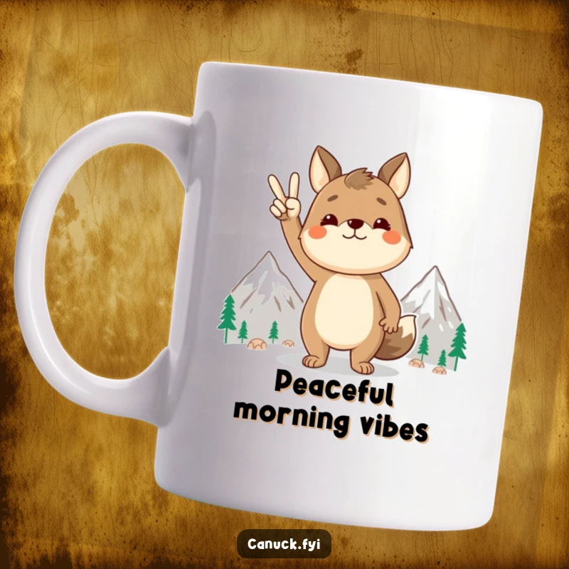 Funny animal character giving peace sign, standing by mountains, serene and positive, promoting harmony, an inspiring funny gift.
