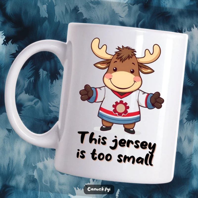 Funny mug showing a moose struggling comically to wear a hockey jersey, grinning widely, perfect for sports fans.