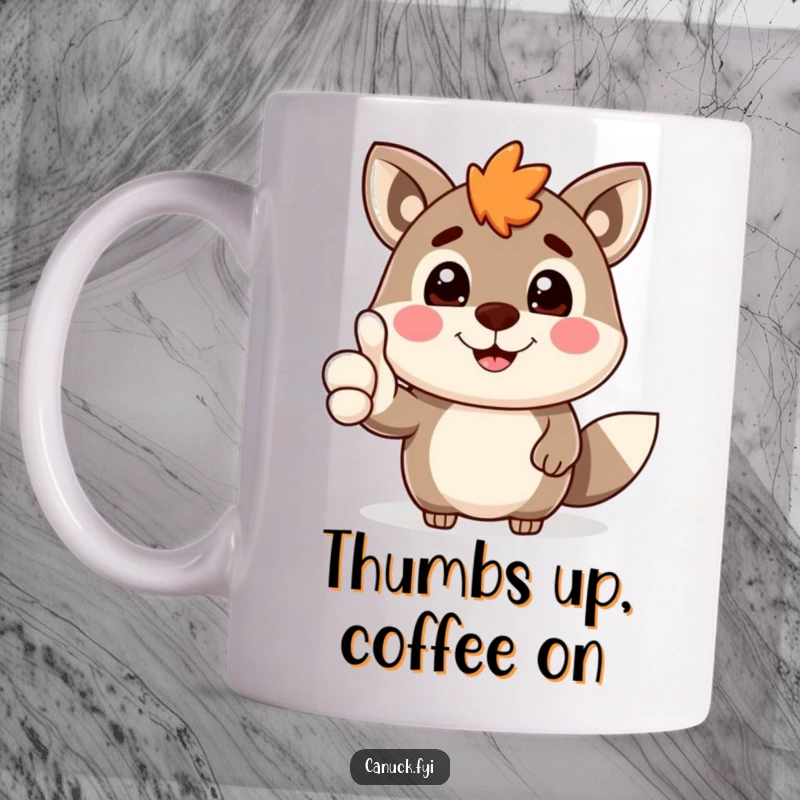 Funny Canadian animal character with a huge grin giving a confident thumbs-up, radiating positivity and friendliness, on a mug.