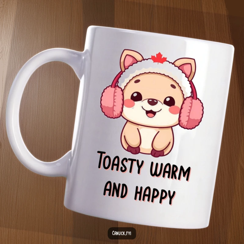 Funny Canadian animal character mug wearing fuzzy earmuffs and a warm, inviting smile.