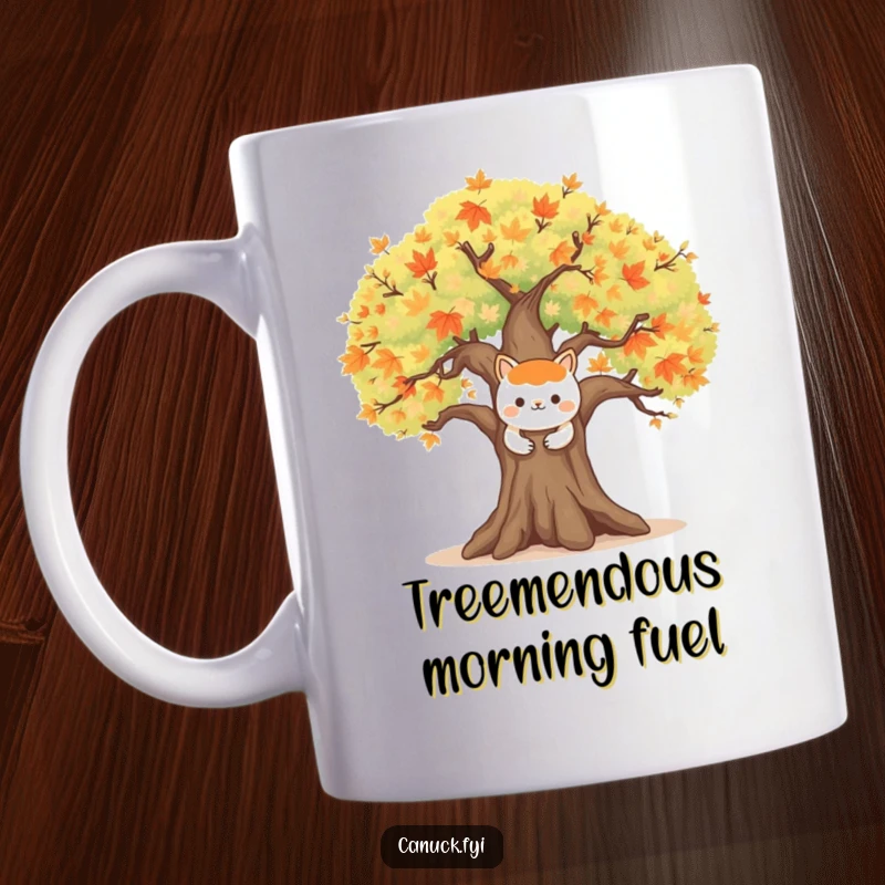 Funny mug with a happy animal character embracing a large, symbolic maple tree, radiating warmth and connection.