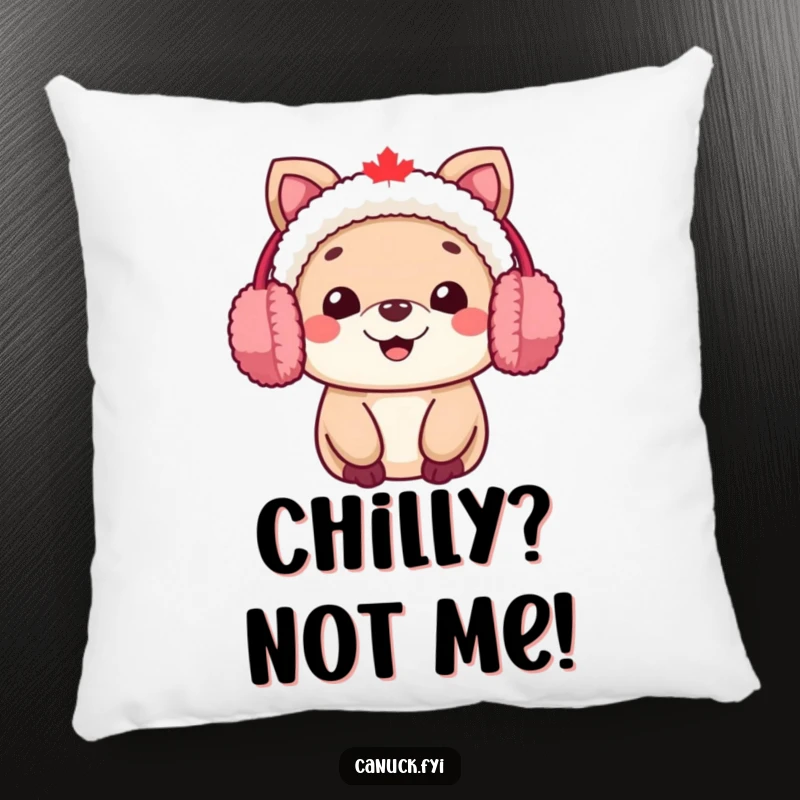 Funny Canadian animal character pillow, wearing fuzzy earmuffs and smiling warmly, soft and comforting.