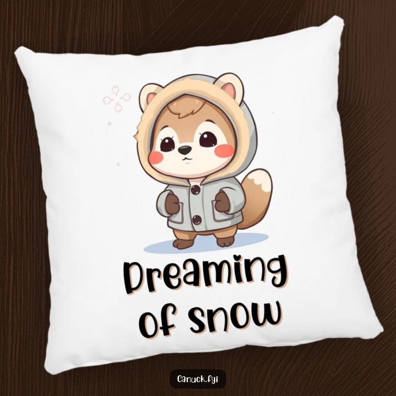 Funny Pillow: Curious animal in a parka looks at a snowflake, offering soft comfort and winter-themed whimsy.