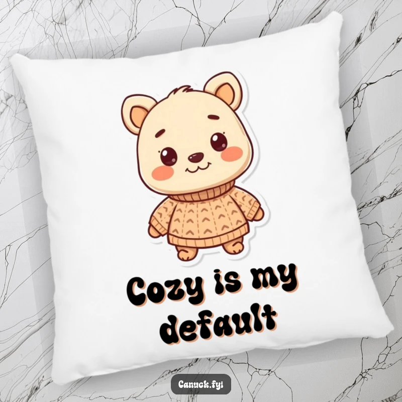 Funny pillow depicting a smiling animal character proudly wearing a small, knitted sweater. A cozy and charming addition to any sofa.