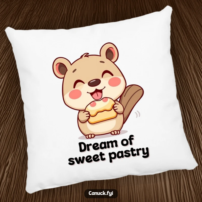 Funny pillow with a soft texture, showing a grinning animal character politely offering a beaver tail pastry for cozy indulgence.