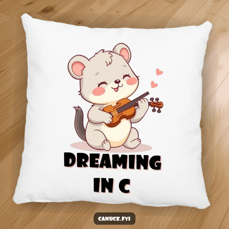 Funny pillow showing a happy animal playing a tiny fiddle, offering comfort and a humorous musical vibe.