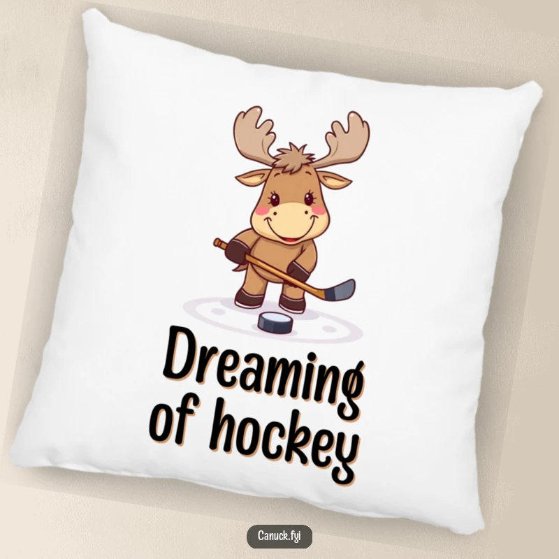 Funny smiling moose pillow, playing hockey, tapping a puck, soft decorative cushion, ideal for sports themed rooms, a fun gift.