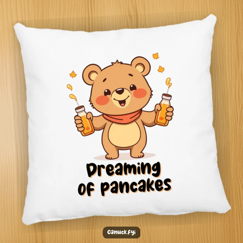Funny juggling bear pillow, cheerful cartoon bear juggling maple syrup bottles, soft accent decor.
