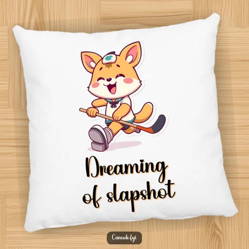 Funny Pillow: Playful animal character kicks a hockey puck with exaggerated joy, offering soft comfort and sports fun.