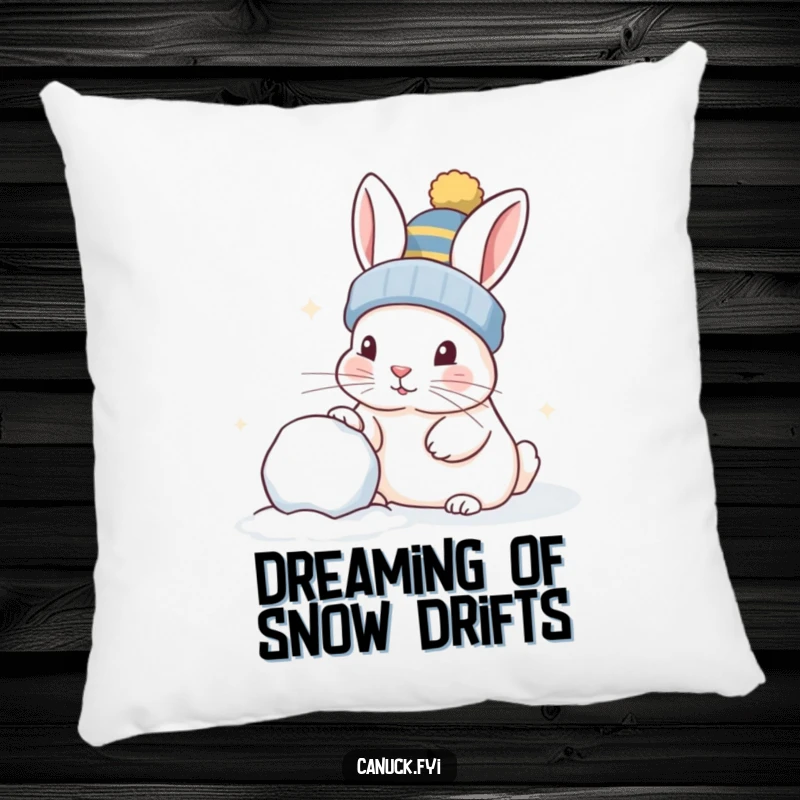 Funny rabbit wearing a toque, playfully nudging a snowball, soft plush pillow, perfect for decoration.