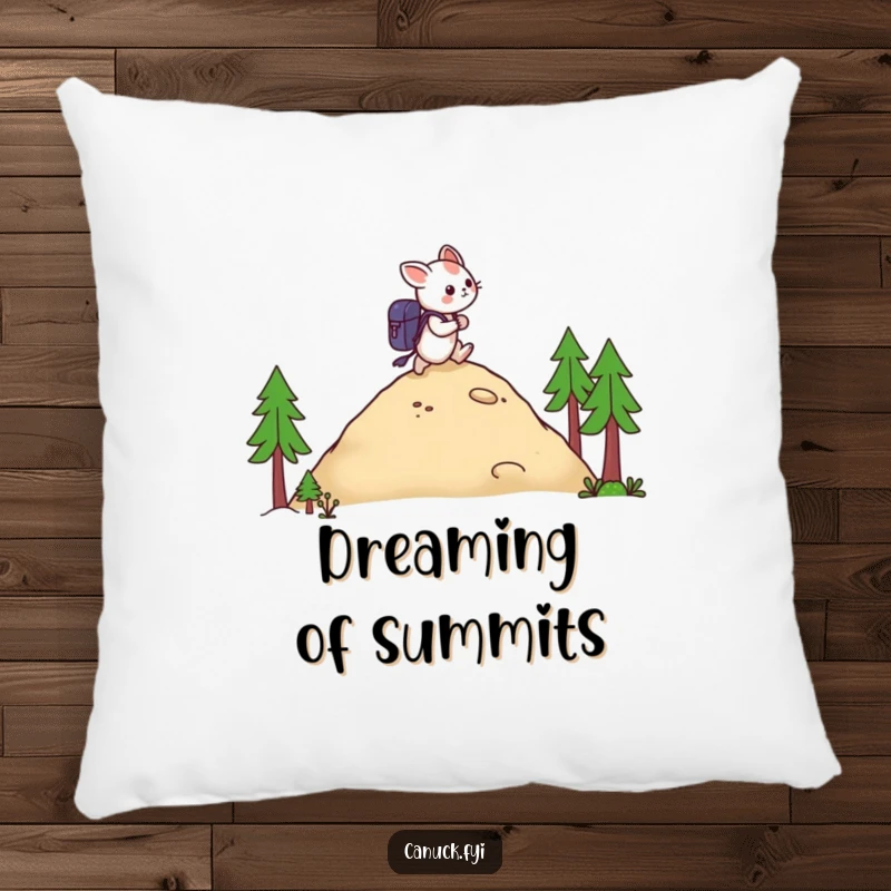 Funny pillow showing a creature with a backpack hiking a hill, providing comfort and a touch of outdoor humor.