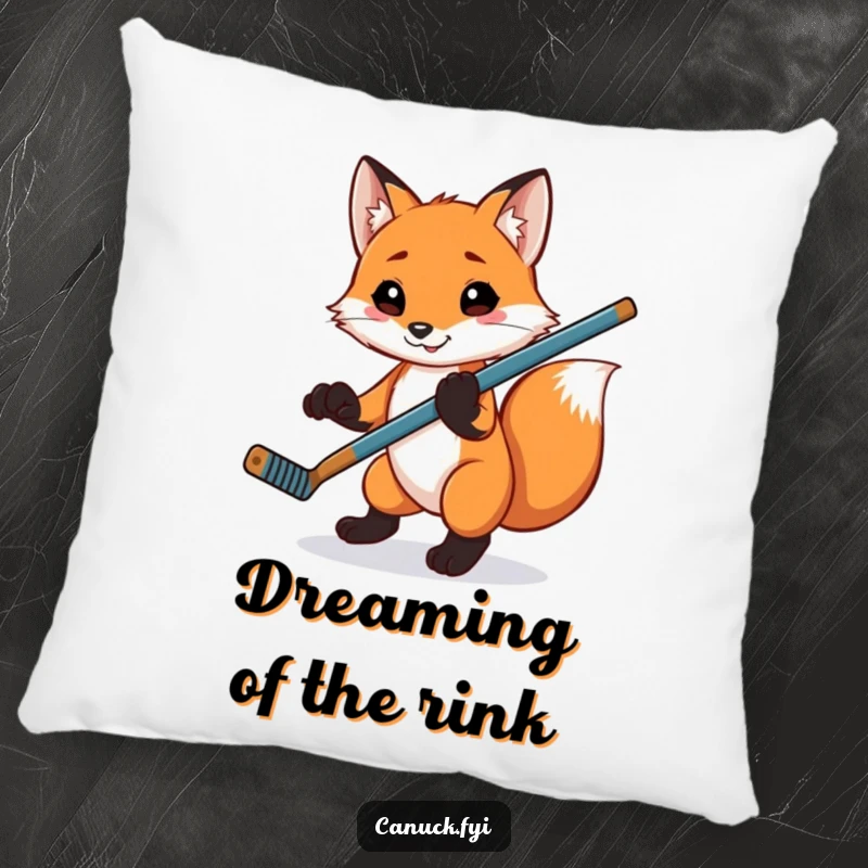 Funny playful fox pillow, balancing a hockey stick on its paw, a soft and humorous decorative accent.