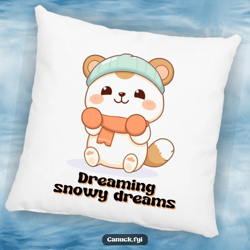Funny pillow featuring a happy animal character in mittens, joyfully catching falling snowflakes, perfect for adding comfort and charm.