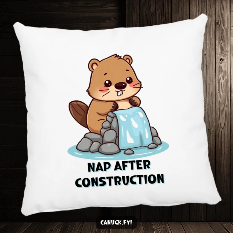 Funny pillow depicting a stylized beaver character playfully engaged in building a miniature dam, adding cozy charm.