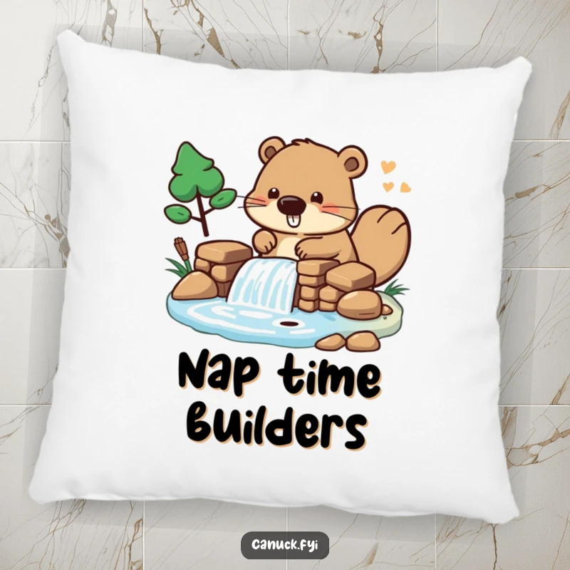 Funny Pillow showcasing a beaver character diligently building a miniature dam, adding playful comfort and humor.