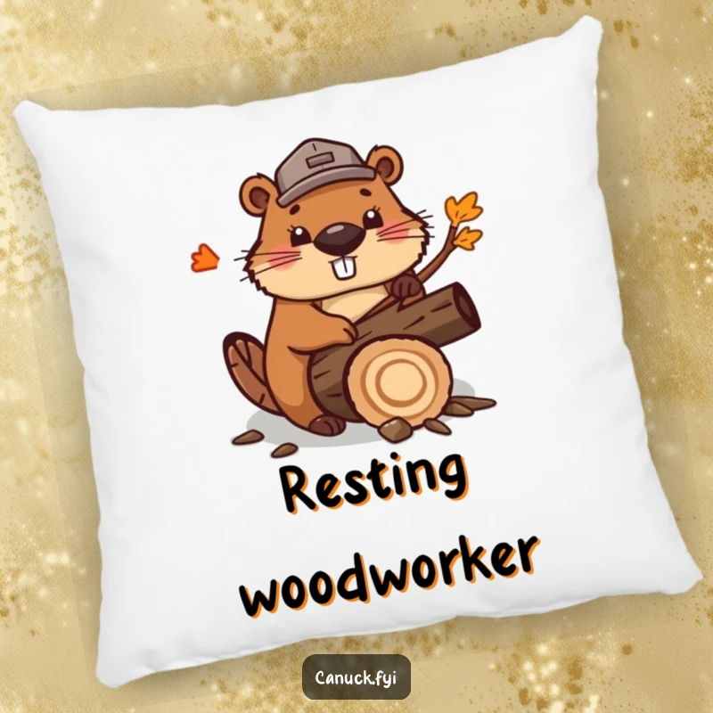 Funny cute beaver pillow, wearing a lumberjack hat, enthusiastically chopping a maple log. A soft, decorative, and humorously industrious cushion.