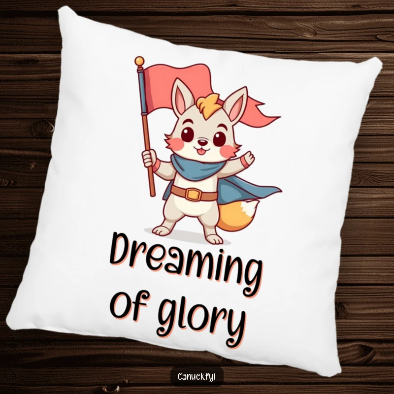 Funny pillow with a proud animal character in a heroic pose holding a flag, comforting funny gift.