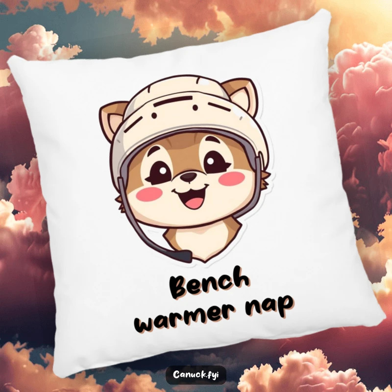 Funny decorative pillow showcasing an animal character wearing a hockey helmet and smiling broadly, perfect for cozy game nights.