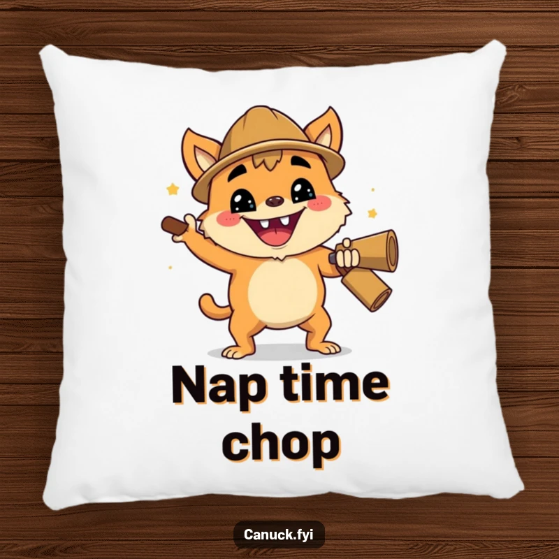 Funny decorative pillow showcasing a creature with an enthusiastic grin performing a cheerful lumberjack chop, adding humor to any seating.