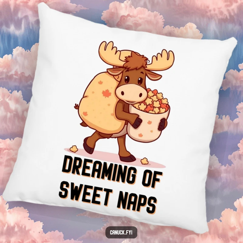 Funny Moose Pillow: A clumsy moose carries a large bag of maple candies, offering a humorous and cozy decorative accent.