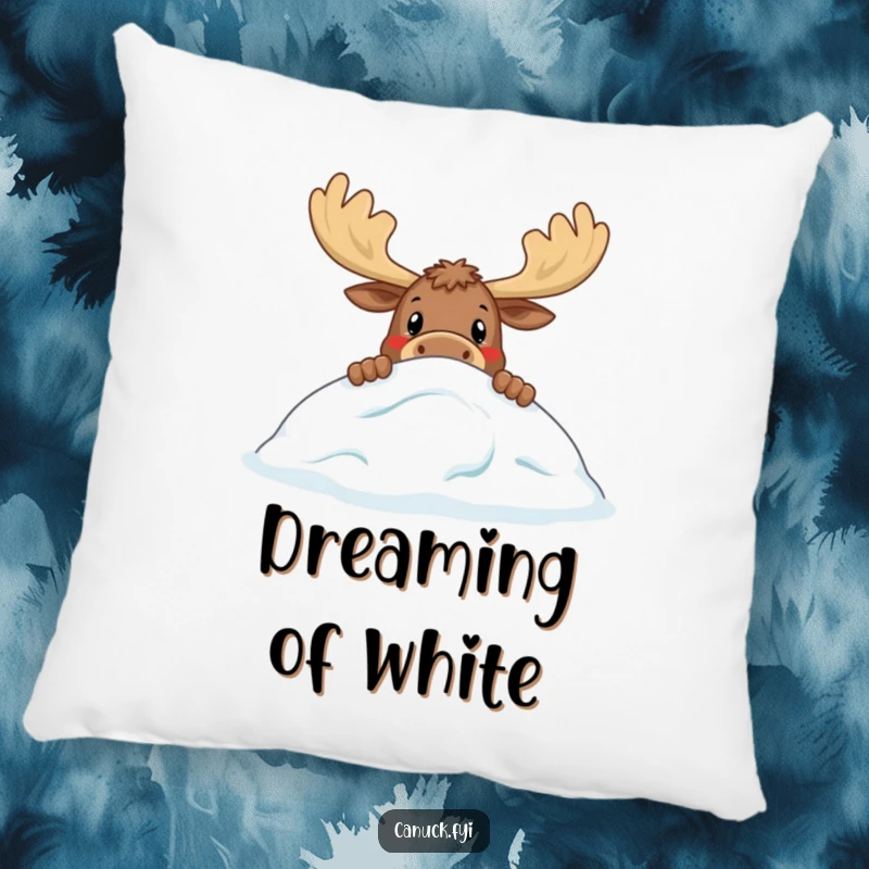 Funny pillow featuring a curious moose peeking over a stylized snowdrift, providing comfort and a touch of humorous wildlife decor.