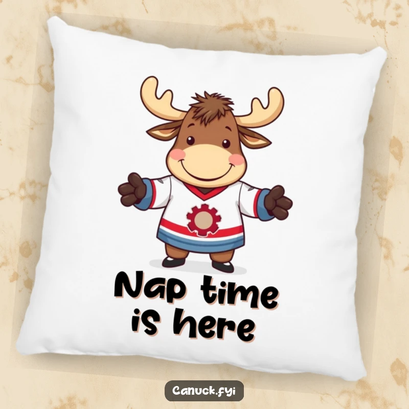 Funny pillow featuring a moose with a grin, comically attempting to wear a hockey jersey, adding humor.