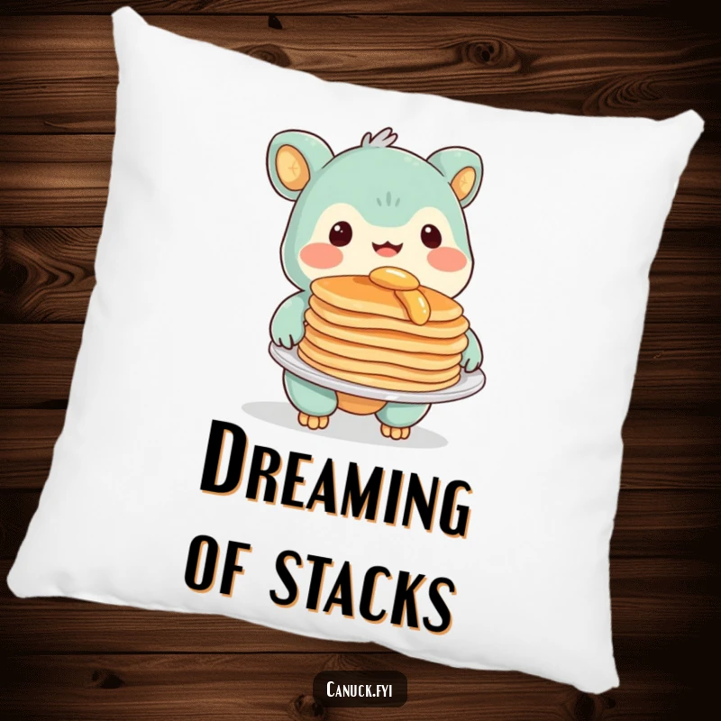 Funny Pillow showcasing a friendly creature with a wide smile, presenting a delicious plate of pancakes, ideal for cozying up.