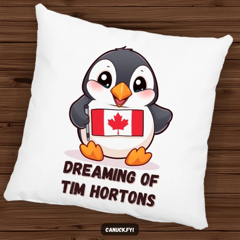 Funny Puffin Pillow: A playful puffin with bright eyes holds a miniature Canadian flag, offering plush humor.