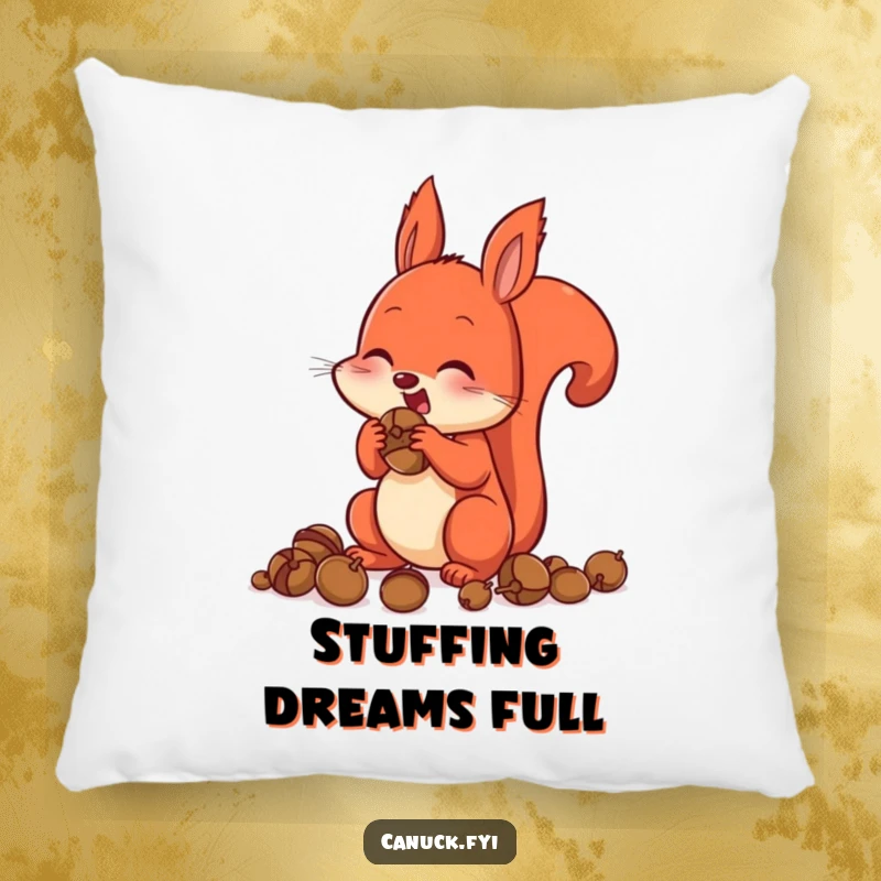 Funny Pillow design of a red squirrel with cheeks comically stuffed with acorns, adding a touch of nutty humor.