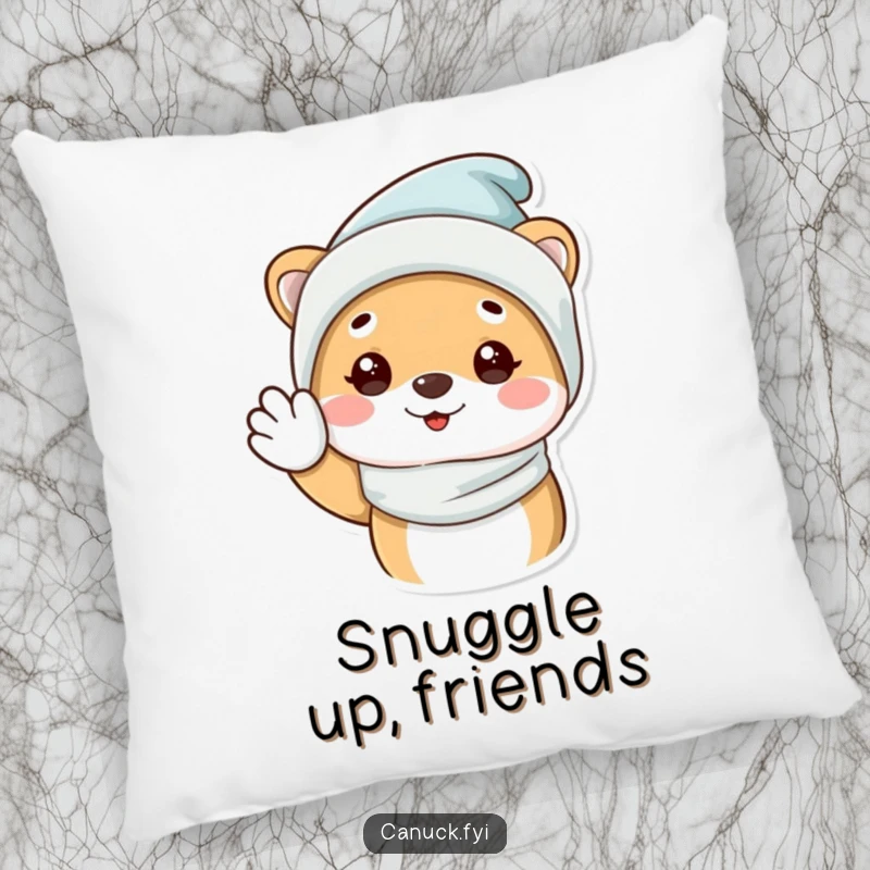 Funny Pillow showcasing an animal in a warm winter hat, happily waving, perfect for adding comfort and cheer.