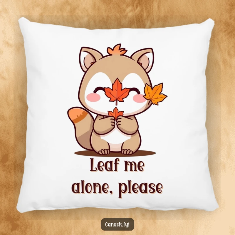 Funny decorative pillow showcasing an animal character proudly holding a miniature maple leaf, perfect for adding Canadian flair.