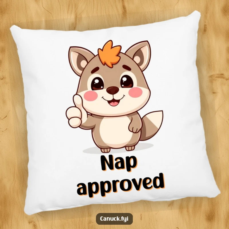 Funny Canadian animal character with a cheerful grin giving a thumbs-up, featured on a soft pillow for comfort and positivity.
