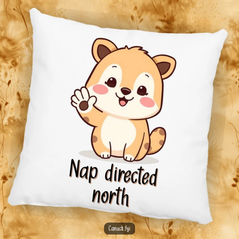 Funny pillow showing a happy animal waving and gesturing north, offering comfort and a humorous touch.