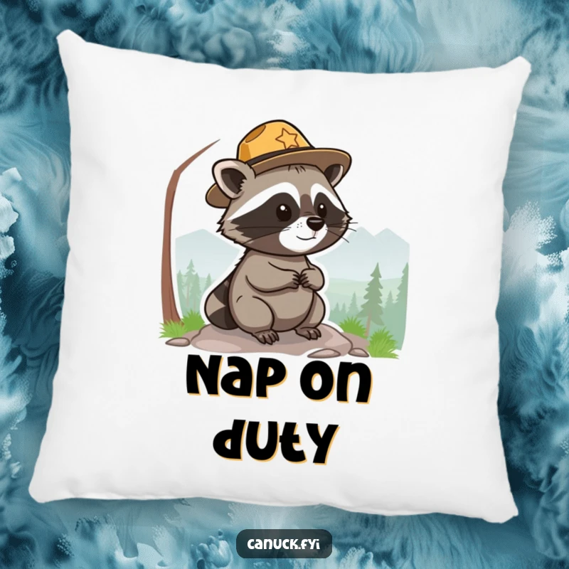 Funny park ranger raccoon pillow, small, round, wearing a hat, surveying a scenic view, soft and humorous.