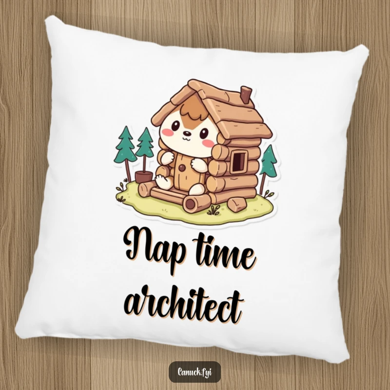 Funny Pillow: Stylized animal hilariously works on a miniature log cabin, offering soft comfort and a humorous touch.