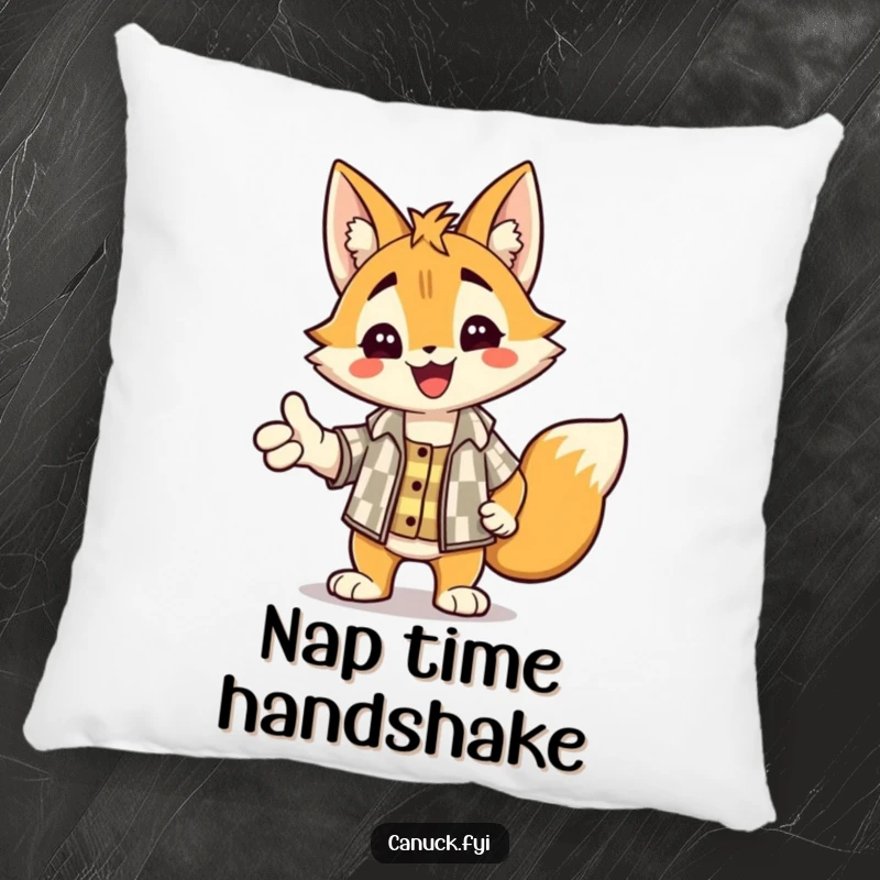 Funny pillow featuring a delighted lynx wearing a checkered shirt, offering a warm and friendly handshake.