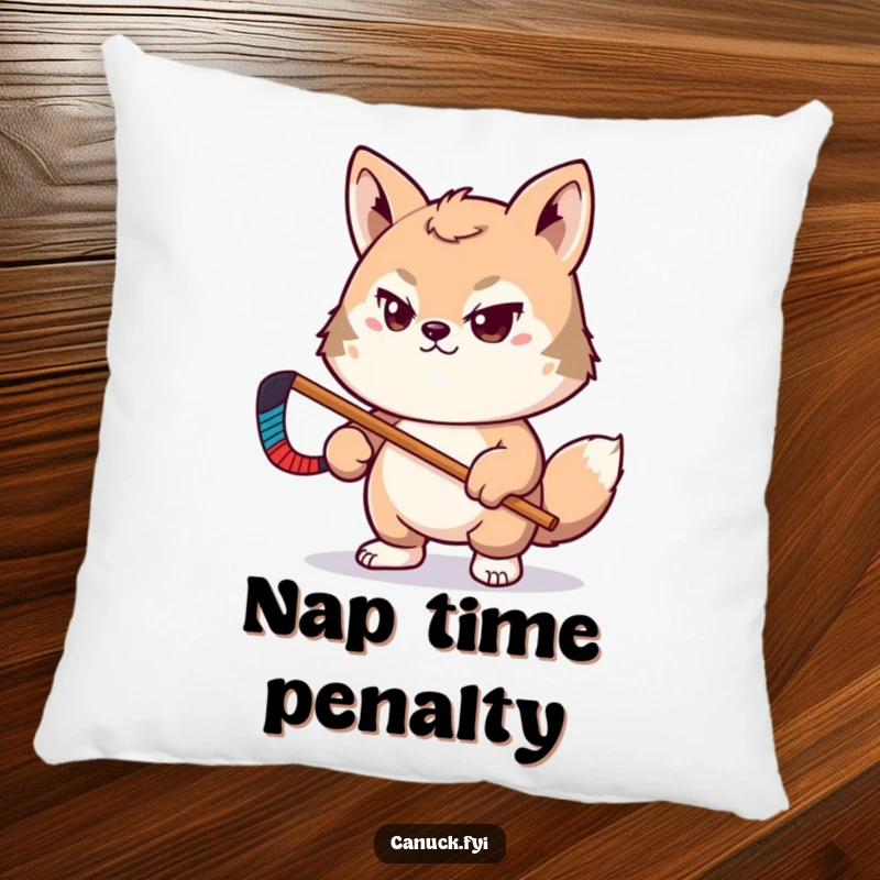 Funny pillow with determined animal pal holding a tiny hockey stick, cozy and humorous home decor, funny gift.