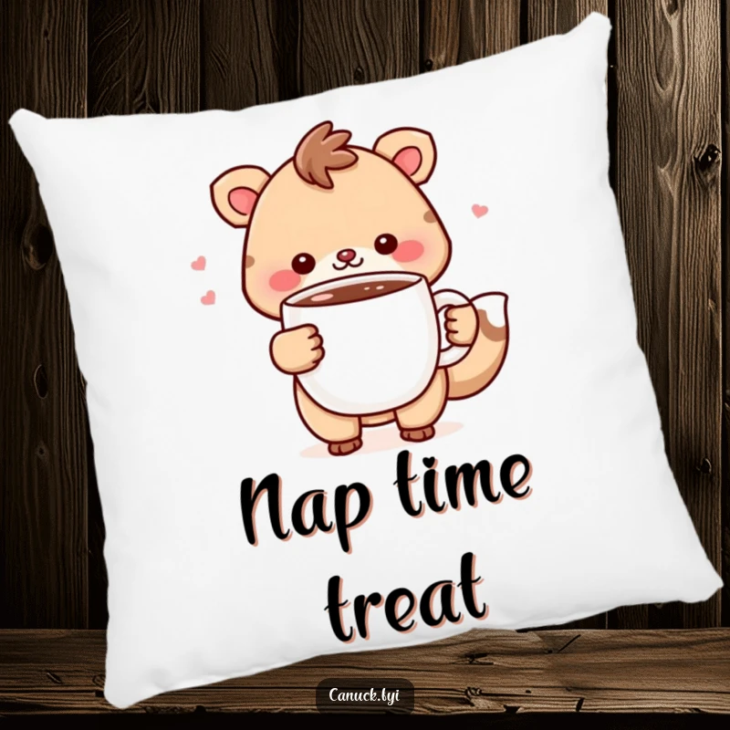 Funny Pillow: Cheerful animal character holds a steaming mug of hot chocolate, offering soft comfort and cozy vibes.