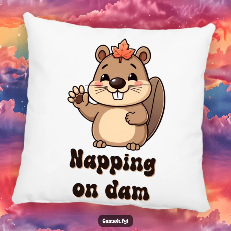 Funny beaver pillow featuring a happy beaver character in a maple leaf hat, waving enthusiastically.