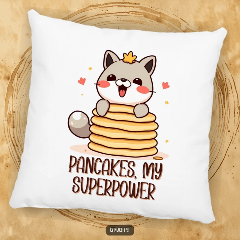 Funny Canadian animal character pillow, attempting to balance a stack of pancakes, soft and humorous.