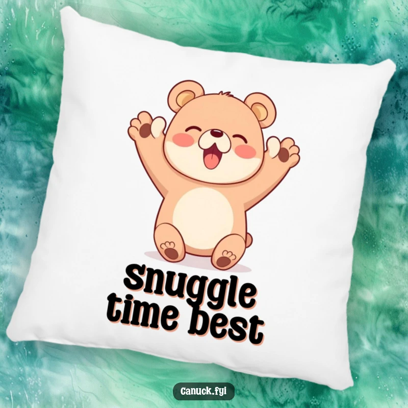 Funny pillow with a happy bear character enthusiastically cheering with both paws up, cozy celebratory funny gift.