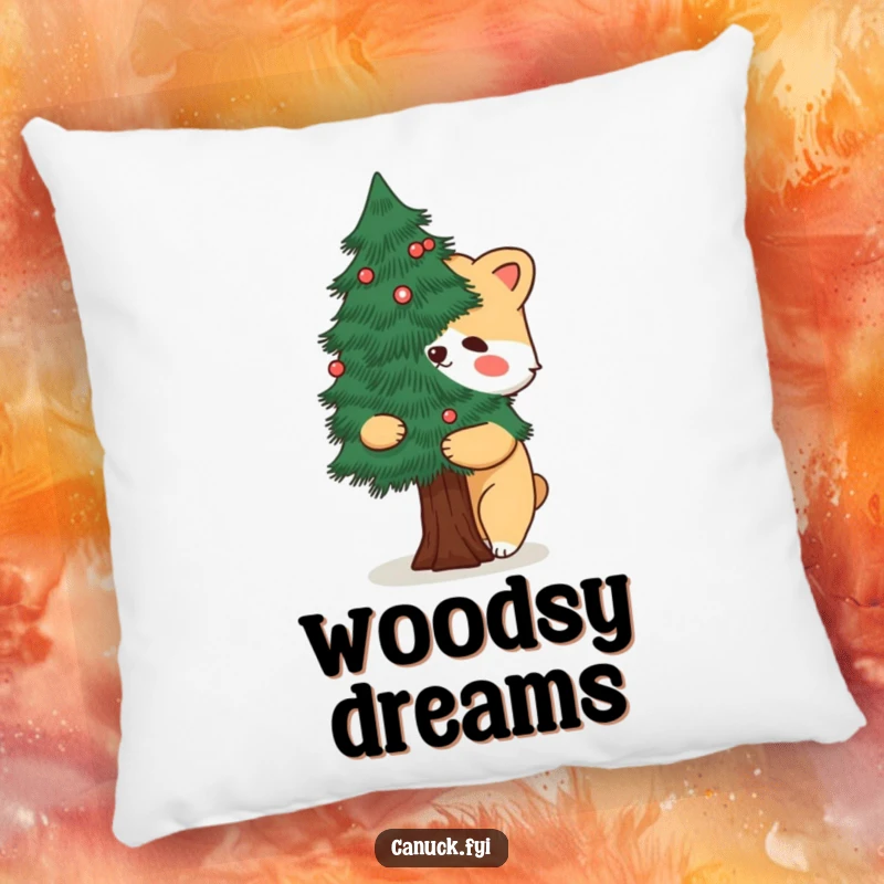 Funny pillow showing a cartoon animal embracing a stylized pine tree, offering comfort and a humorous connection to nature.
