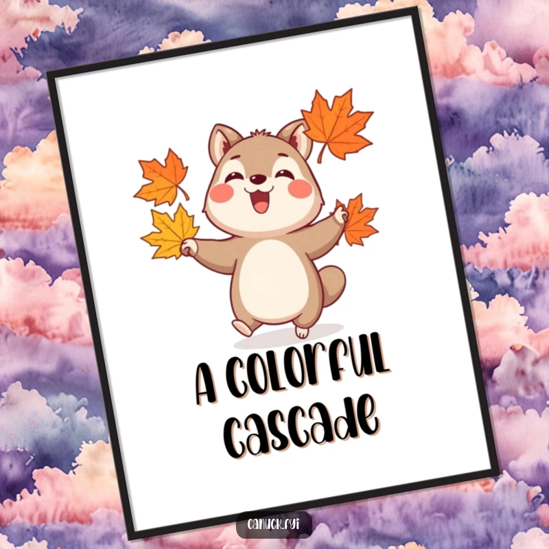 Funny digital art print of a cheerful animal with a joyful expression, expertly juggling three stylized maple leaves with a festive flair.