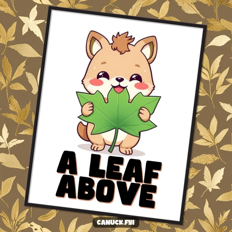 Funny digital art print of a happy animal with a triumphant smirk holding a giant maple leaf, celebrating Canada.